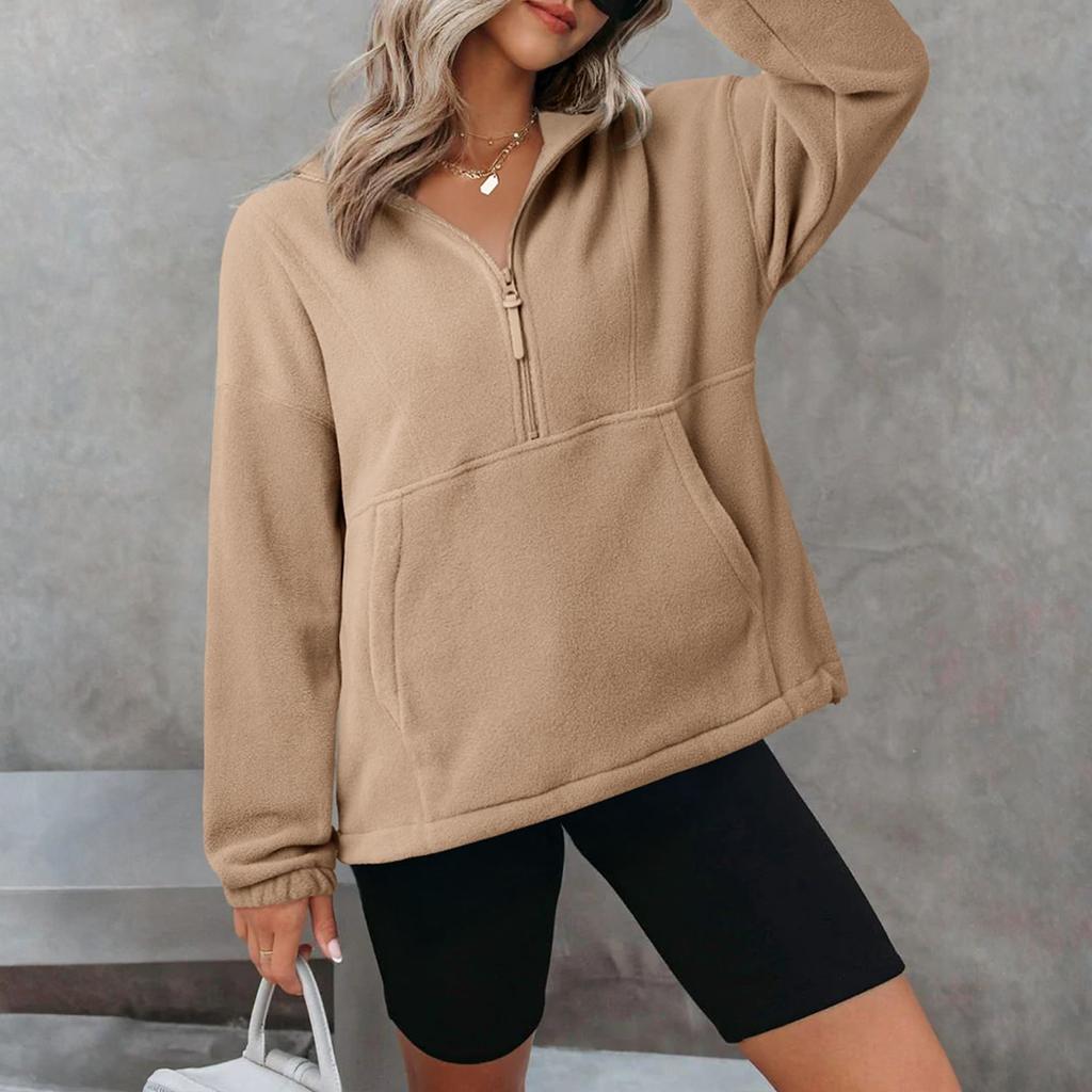 Women's Fleece Sporty Half-zipper Pullover, Fashionable Loose Long-sleeved Street-style Sweatshirt Top