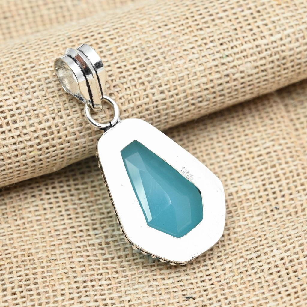 Blå kalcedon ädelsten Handgjord 925 sterling silver Minnesdagen Hänge Smycken