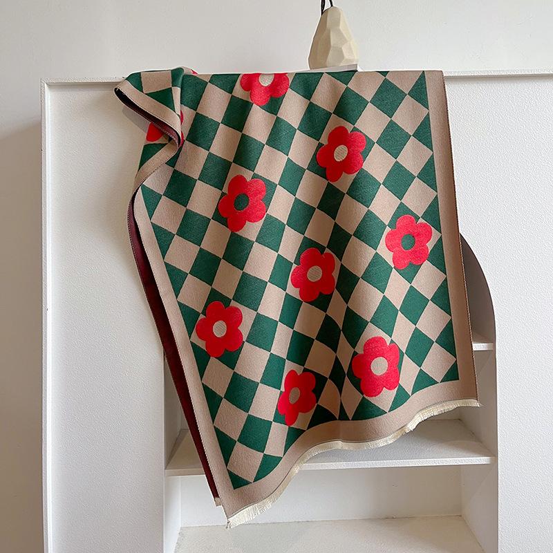 

Двусторонний шарф из имитации кашемира Женский зимний универсальный двухцелевой платок Утолщенный теплый клетчатый шарф 180*65cm зелёный