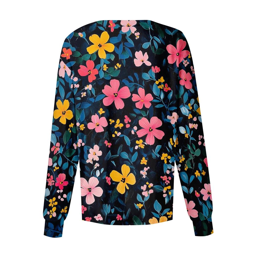 Women's Long Sleeve Button Front Floral Print Medical Scrub Top Lightweight Comfortable Fit Nursing Uniform Shirt