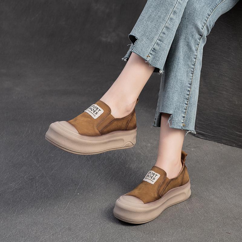 Fashion GKTINOO Casual Slip-on Flat Shoes 2025 Spring New Genuine Leather Soft Sole Round Toe Versatile Women's Thick Soled Shoes