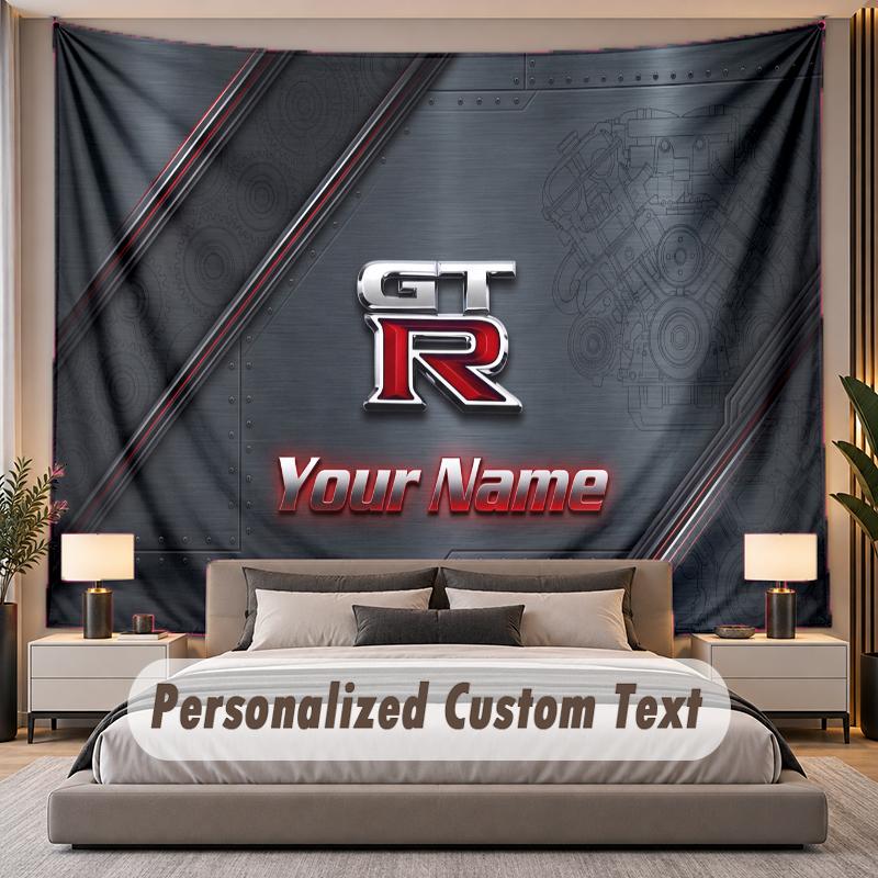 Custom Name Text Tapestry Nissan GT-R Personalized Polyester Wall Tapestry For Bedroom And Room