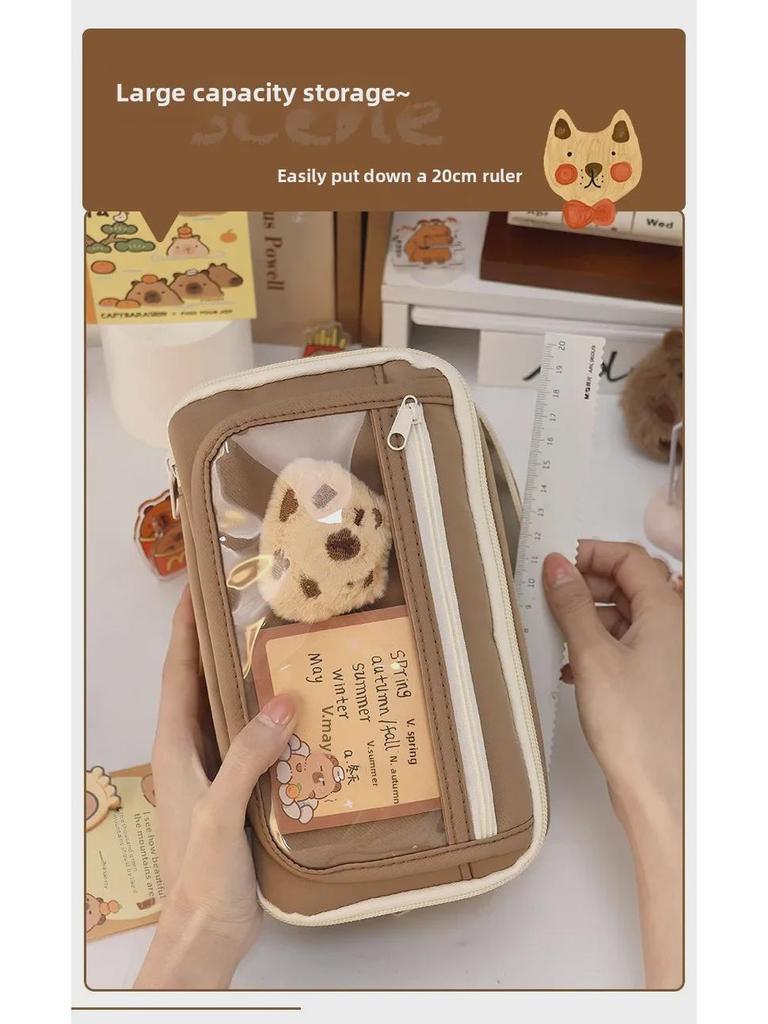 Large-Capacity Capybara Pencil Case for Girls - Cute Transparent Design for Junior High Students