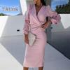 Fall Spring Women Dress V Neck Bubble Sleeves Formal Business Style Slim Fit Solid Color High Waist OL Commuting Office Midi Dress
