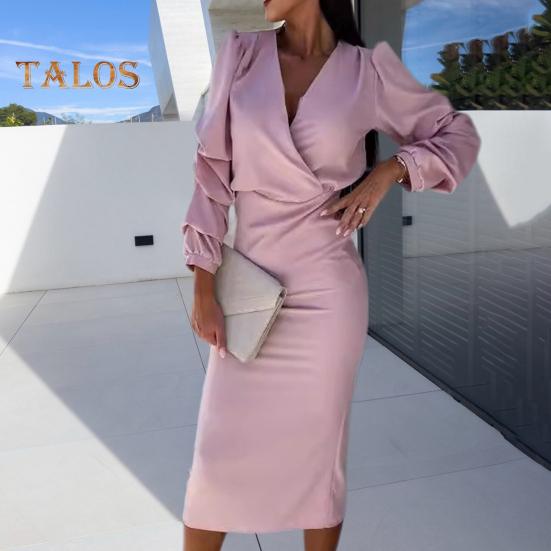 Fall Spring Women Dress V Neck Bubble Sleeves Formal Business Style Slim Fit Solid Color High Waist OL Commuting Office Midi Dress