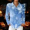 Women's Casual Button Long Sleeve Christmas Print Collared Top with Side Slits at Hem