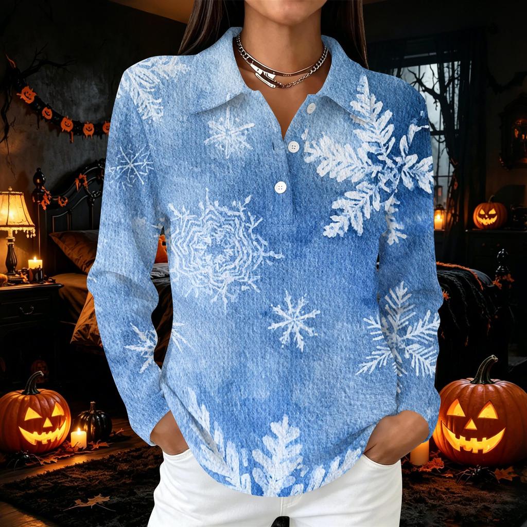 Women's Casual Button Long Sleeve Christmas Print Collared Top with Side Slits at Hem