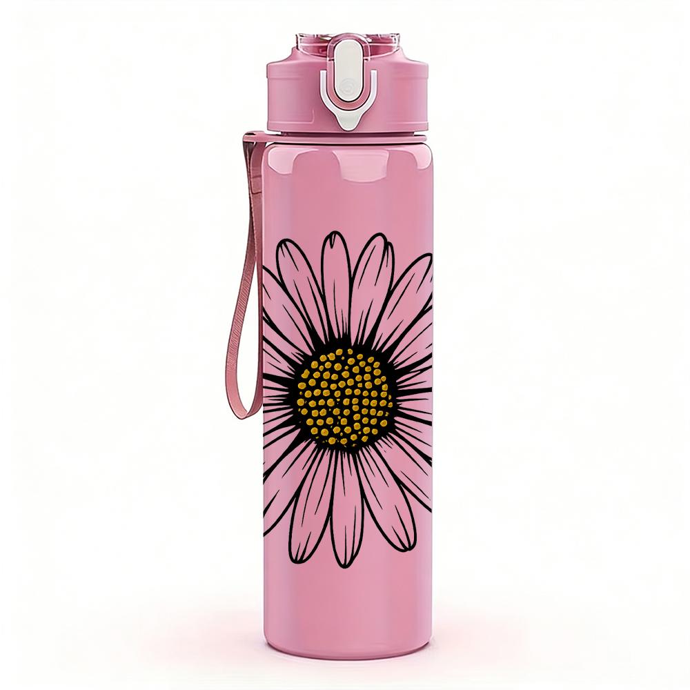 1PC Single White Daisy Flower 750ml Color Plastic Sports Water Bottle Leakproof Flip Straw Lid For Sports Office Home Use