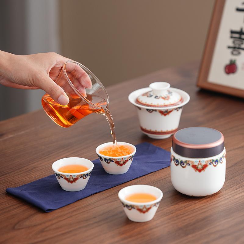 Suet jade porcelain travel tea set Outdoor tea making Kuaike cup Ceramic one pot two cups Business gifts High-end