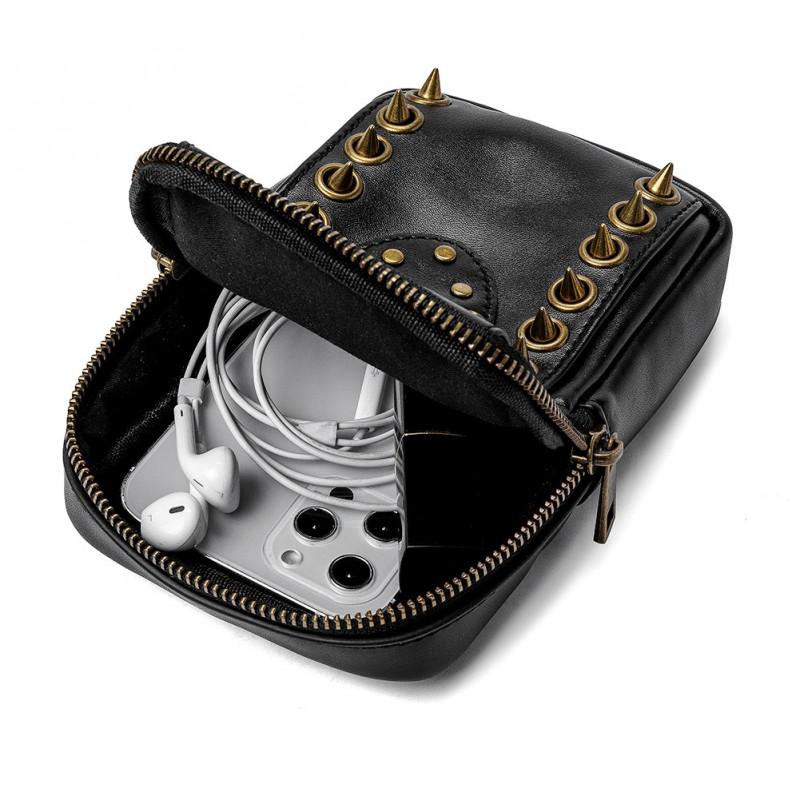 Womens Small PU Crossbody Bag With Skull Studs Phone Pocket Vertical Square Shape Daily Use