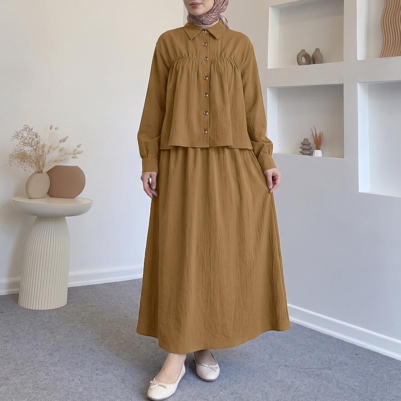ZANZEA Camicetta a Maniche Lunghe da Donna e Gonne Lunghe Casual Set Completi Due Pezzi