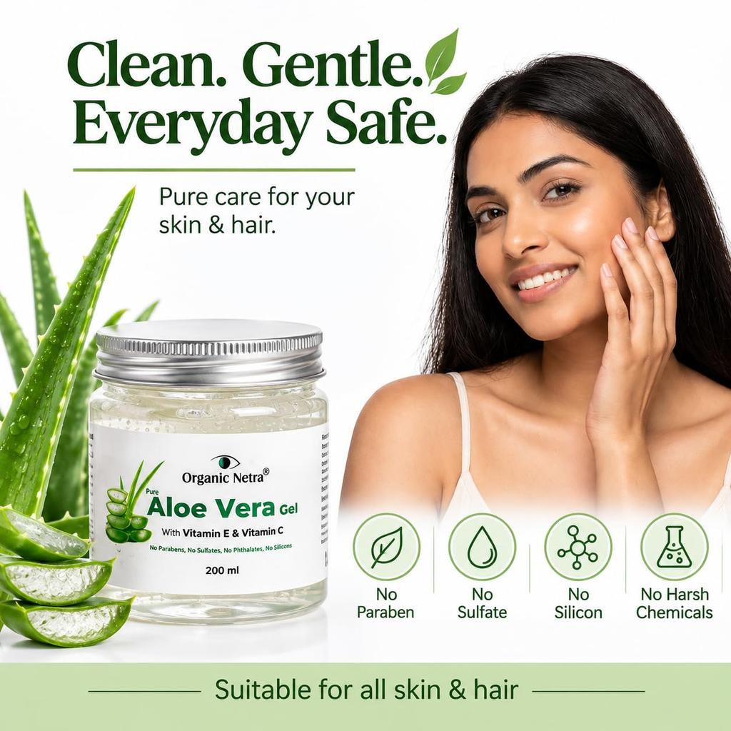 Organic Netra Pure Aloe Vera Gel with Vitamin C & E for Skin, Face & Hair 7.05 oz