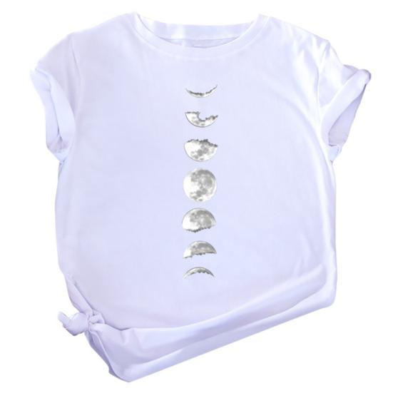 Women Summer Casual O Neck Short Sleeve Moon Print Loose Blouse T-shirt Top