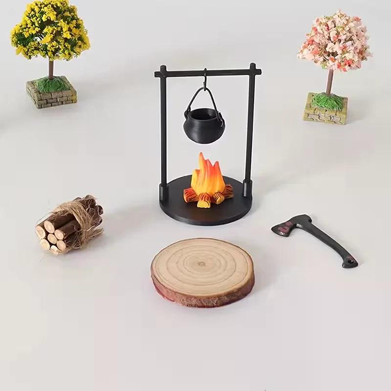 Fantasy Miniature Campfire & Teapot Sculpture, Modern Decor for Home, Kitchen & DIY Displays, Intricate Handcrafted Details