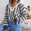 Women Fall Winter Contrast Stripe Tie Balloon Sleeve Sweater Loose All Match Chic Knitted Tops