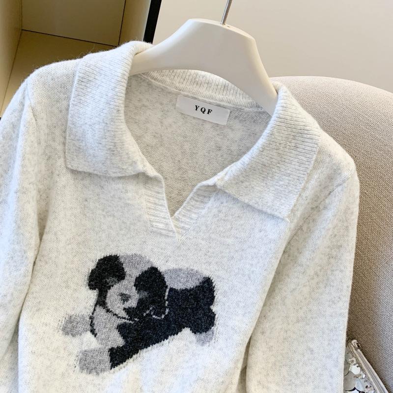2026 Large Korean Chic Cartoon POLO Collar Loose Knit Sweater for Women