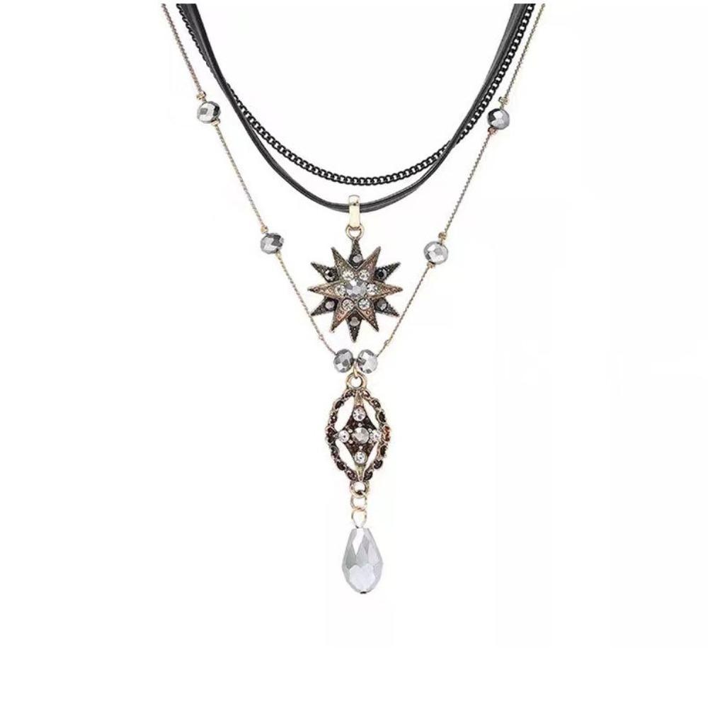 Bohemia Retro Geometry Inlay Zircon Awn Star Rhombus Water Drop Tassel Pendant Multi-layer Necklace for Women Vacation Jewelry