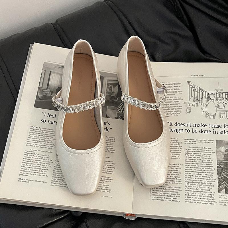 Fashion Temperament Rhinestone Word with Mary Jane Shoes Women's Summer New Simple Outer Wear Thick Heel Shoes