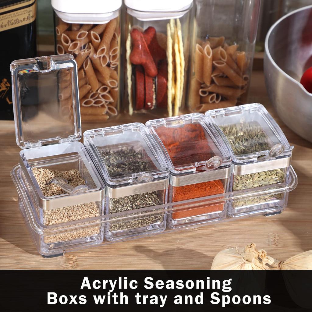 4 Piece Clear Seasoning Box Set Storage Container Condiment Jars for Spice Salt Sugar Cruet Seasoning Rack Spice Pots with Cover