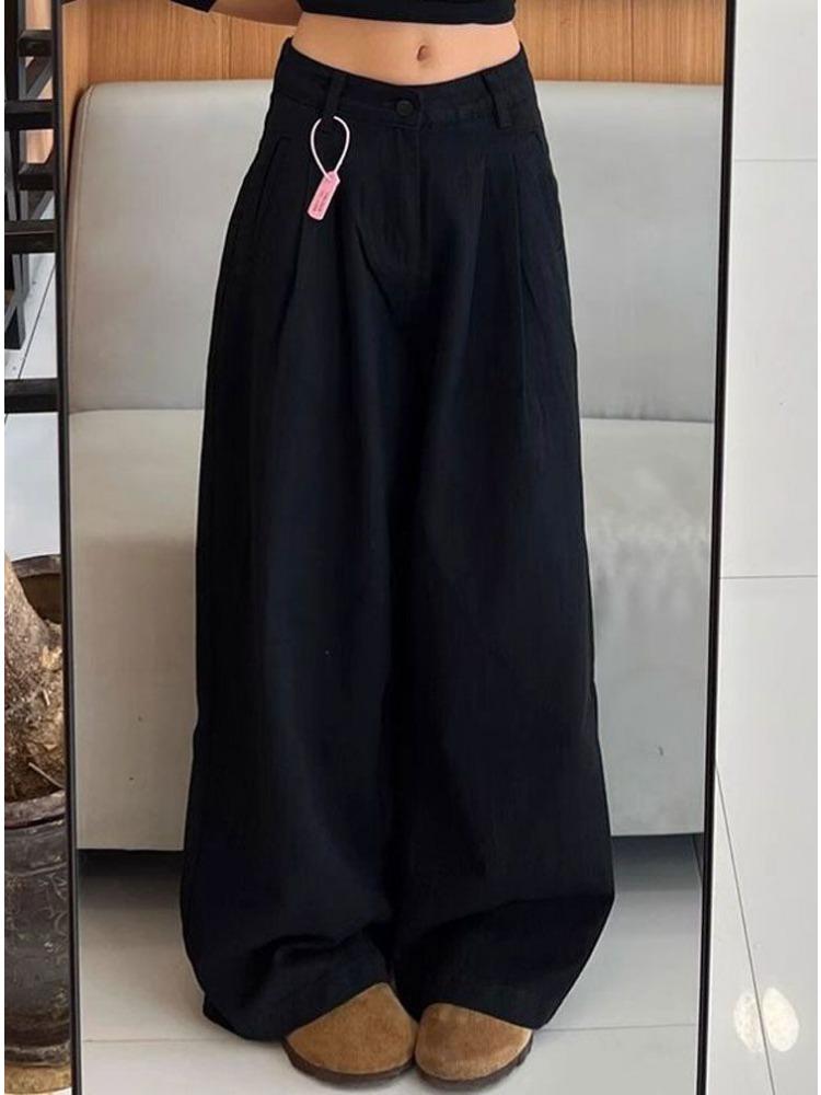 Black Big Yards Loose Jeans Women's Meat Covering Folded Texture Design Sense of Dragging The Ground Wide-legged Straight Trousers Long Denim Pants