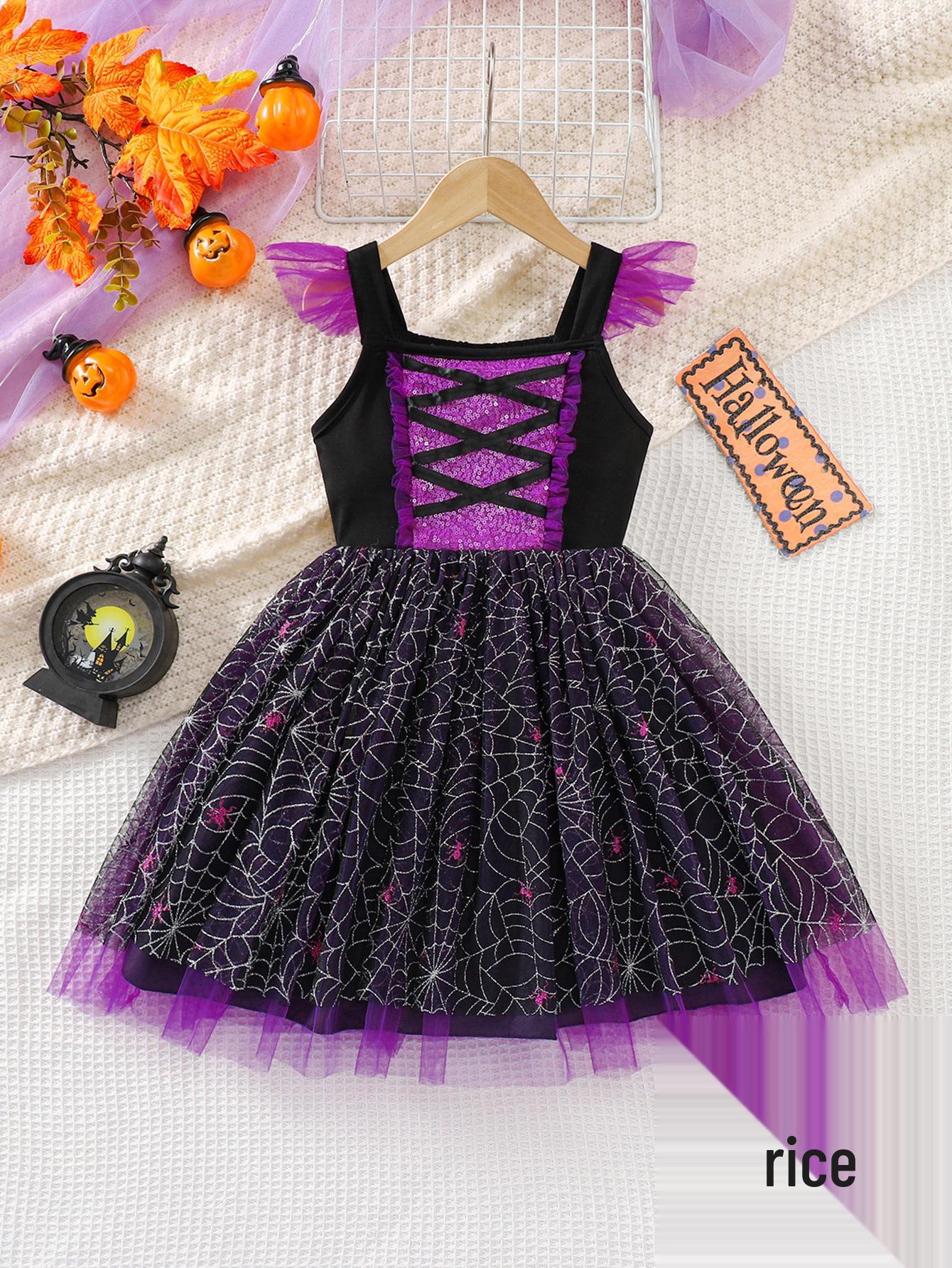 Girls  Halloween Spiderweb Puff Sleeve Dress - Dark Style Costume 90cm (3Y)