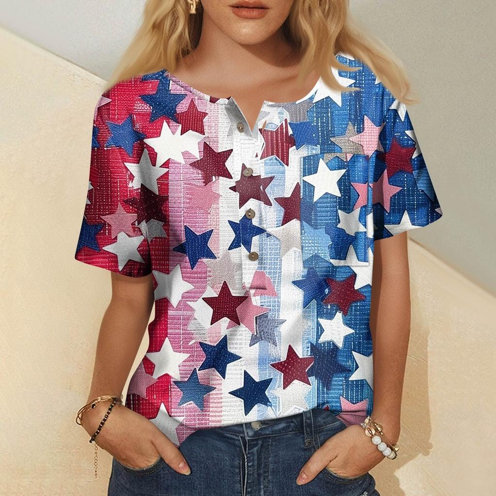 Women's Fashion Casual Short Sleeve Print Round Neck Pullover Top Blouse