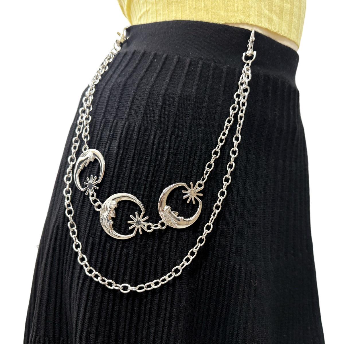 European and American Hip Hop Metal Moon Star Waist Chain: Women s Fashion Multi-layer Punk Pants Chain