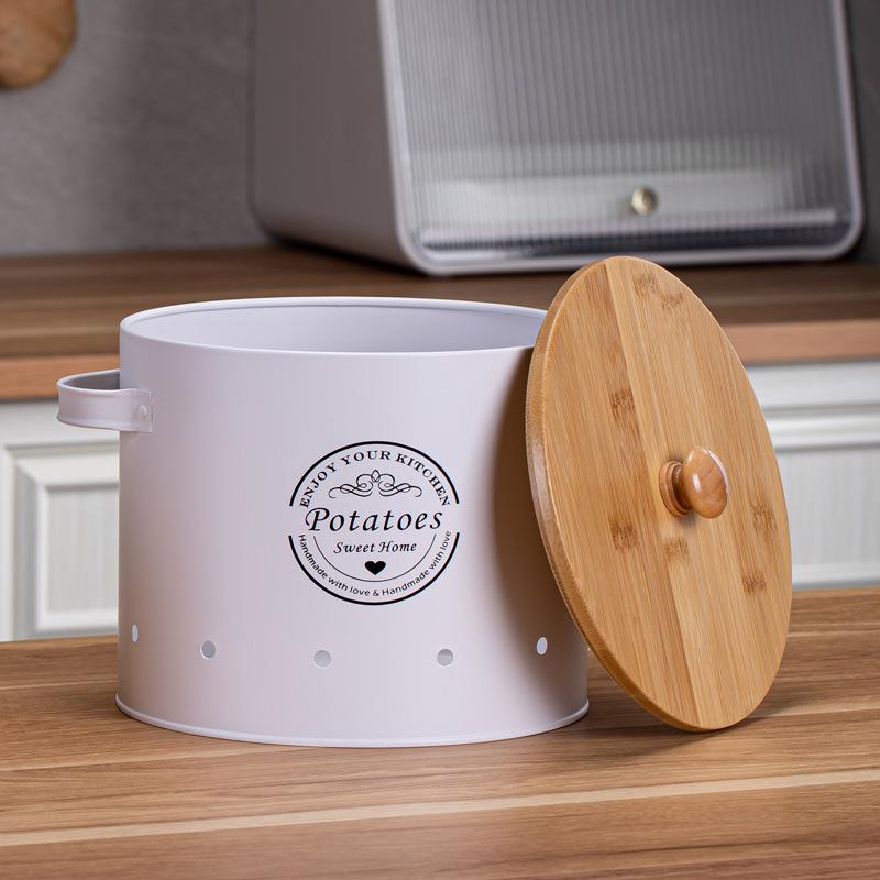Bambusový kryt úložná nádrž Brambora prodyšná domácí freshness box Kuchyňská kovová úložná nádoba na brambory, cibuli, česnek