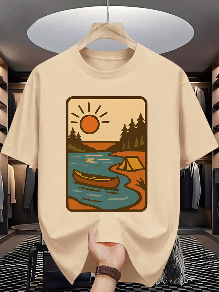 Vintage Camping Print Unisex Short Sleeve Tshirt Lake Canoe Tent Pine Tree Sun Frame O Neck Tee Outdoor Male Street Fashion Tops