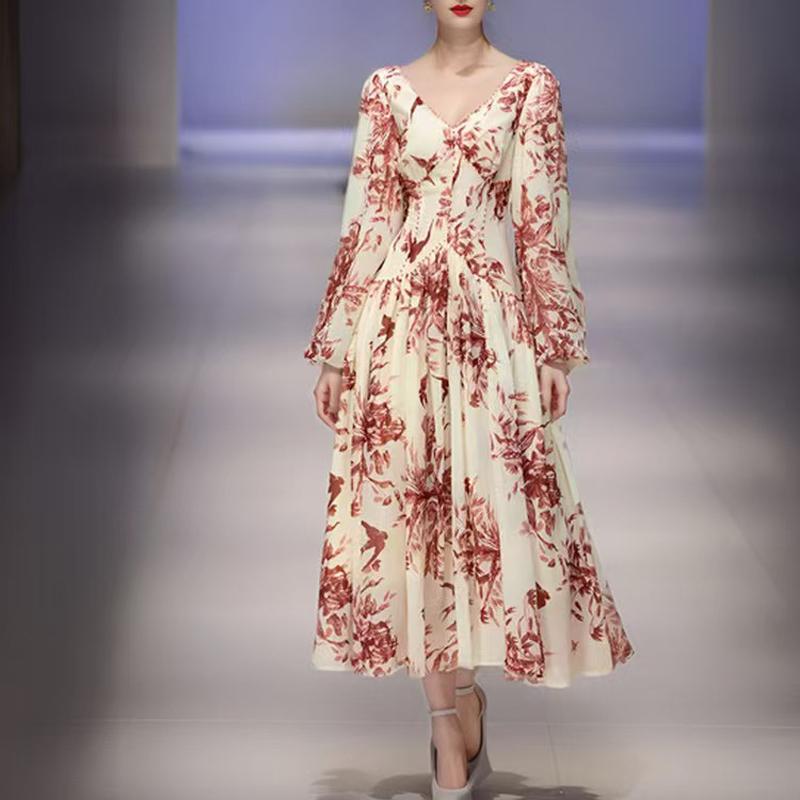 Women Long Dress Printed Lantern Sleeve V-neck High Wasit Elegant Dresses Female Fashion Club Holiday Party Clothes