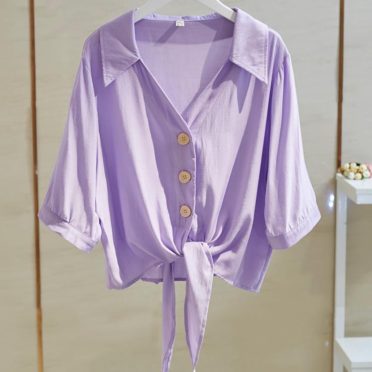 

Белая рубашка, женская летняя корейская свободная рубашка со средними рукавами, защита от солнца, короткий топ на шнуровке, однотонная рубашка с защитой от солнца 3XL фиолетовый