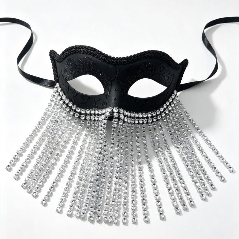 Black Glitter Rhinestone Tassel Half-Face Mask Venetian Masquerade Halloween Costume Party Ball Eyemask