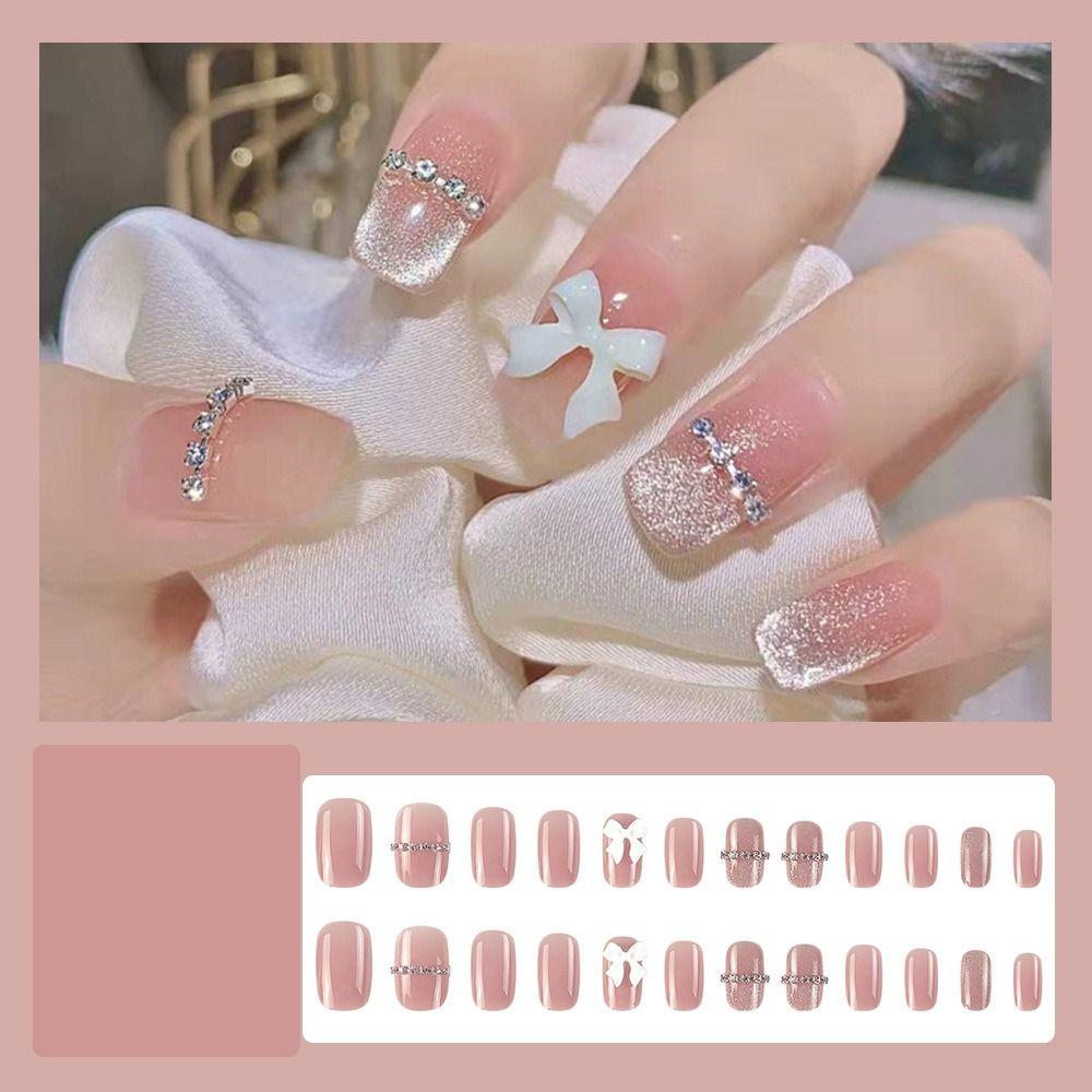 

Tips Detachable Press on Nails Full Cover French Wearable Cat Eye Fake Nails Medium-length Ellipse