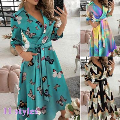 Women V-Neck Sexy Dresses Elegant Butterfly Print Long Sleeve Lace Up Wrap Midi Dress 2022 New Summer Office Lady Party Vestidos