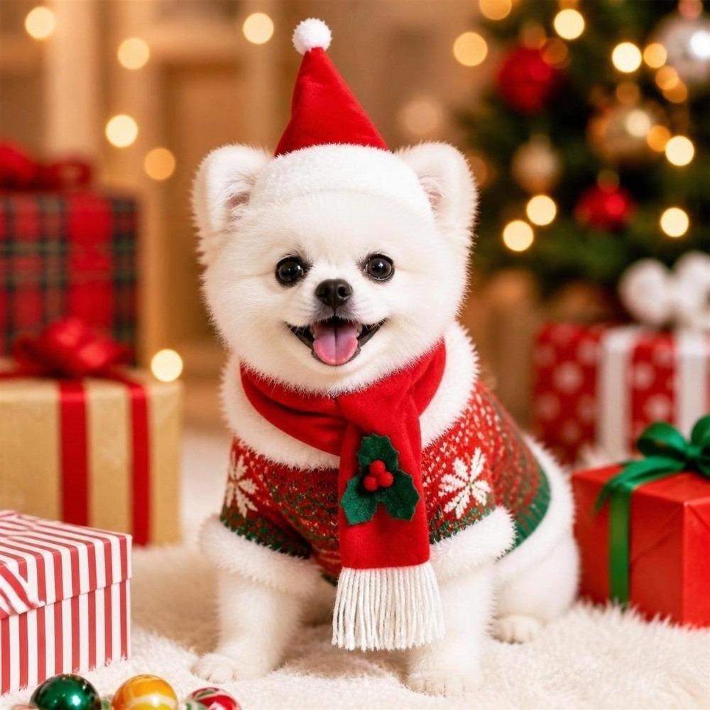 2Pcs/Set Winter Dog Scarf Collar Christmas Cat Scarf Hat Cozy Dog Bandana Scarf  for Small Dogs