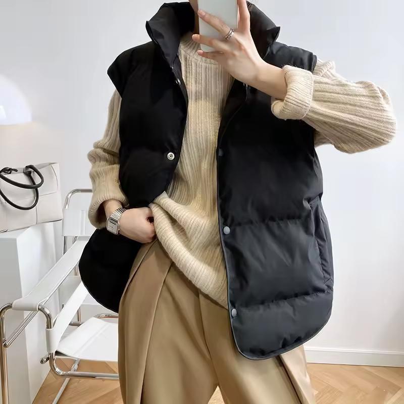 Women Vest Coat Stand Collar Winter Women Warm Coat Oversize Tops Beige Vest