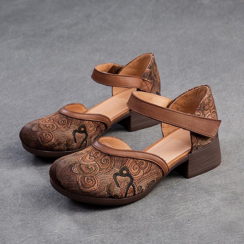 Fashion GKTINOO 2024 New Women Sandals Summer Genuine Leather Print Thick Heels Sandals Retro Style Round Toe Casual High Heel Shoes