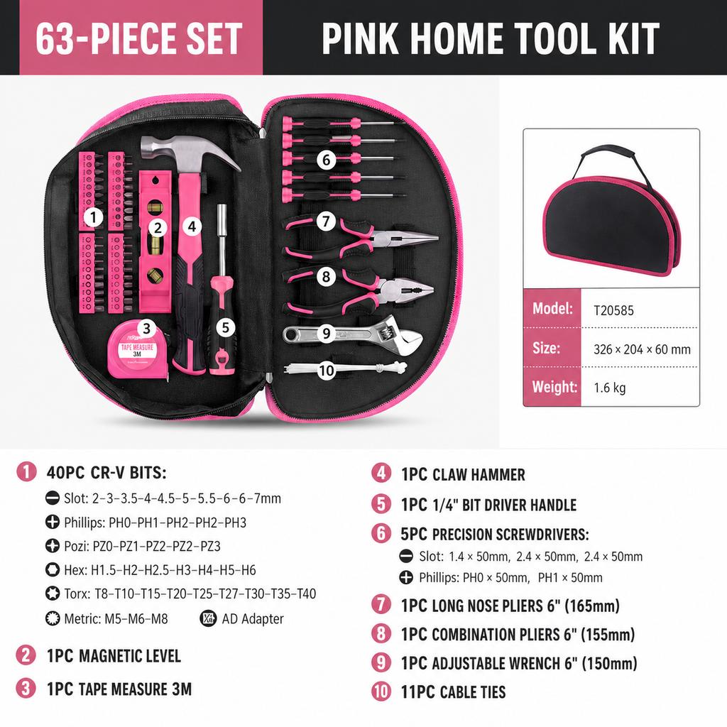 63 Pcs Pink Household Tool Set Women DIY Home Repair Hand Tools Kit Multi Purpose Tool Box Gift Set for Household Maintenance