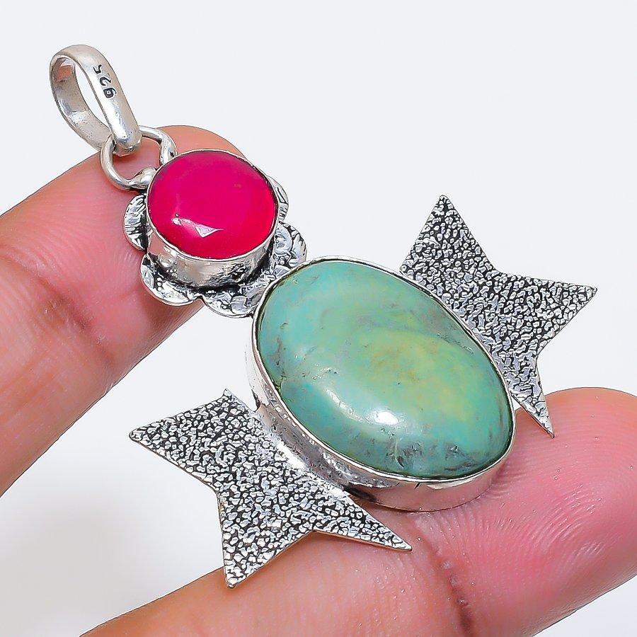 Natural Tibetan Turquoise, Jade 925 Sterling Silver Jewelry Pendant 1.97" ZS-1270