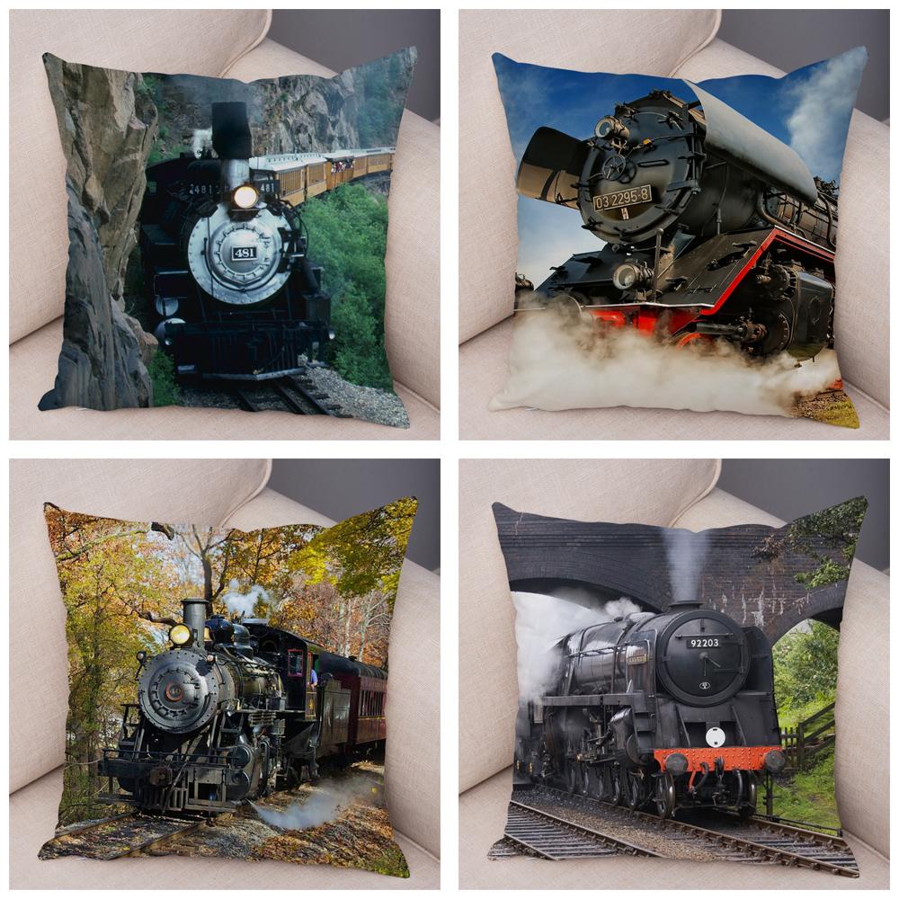 Pillowcase Vintage Style Steam Train Decor Retro Colorful Car Cushion Cover