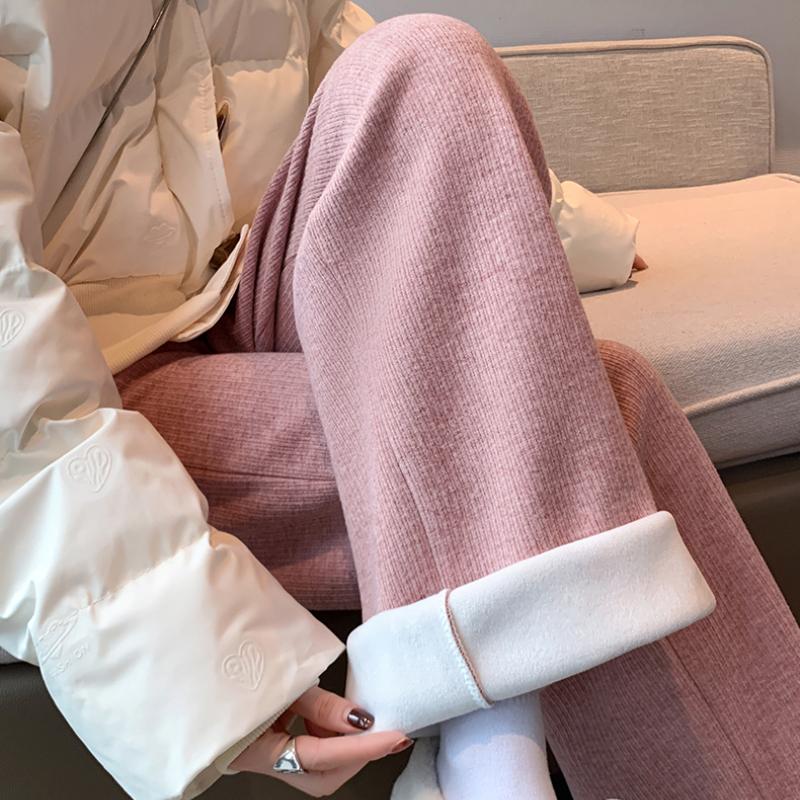 

Autumn Elegant Straight Solid Fleece Knitted Wide Leg Pants for Women Fashion Winter Velvet High Waist Trousers Women Vintage Simple Plush Pants 25699 2XL рожевий