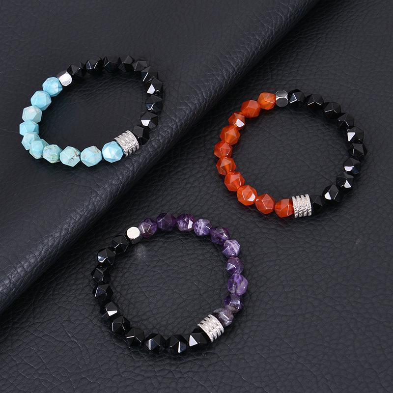Men's Retro Stainless Steel and Beaded Bracelet with 10mm Faceted Amazonite and Black Obsidian.
