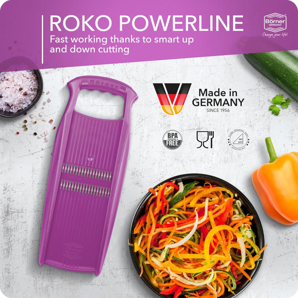 Julienne Slicer Roko PowerLine Purple Fruit Vegetable Mandolin Cutter with Premium Blade for Perfect Strips Börner &
