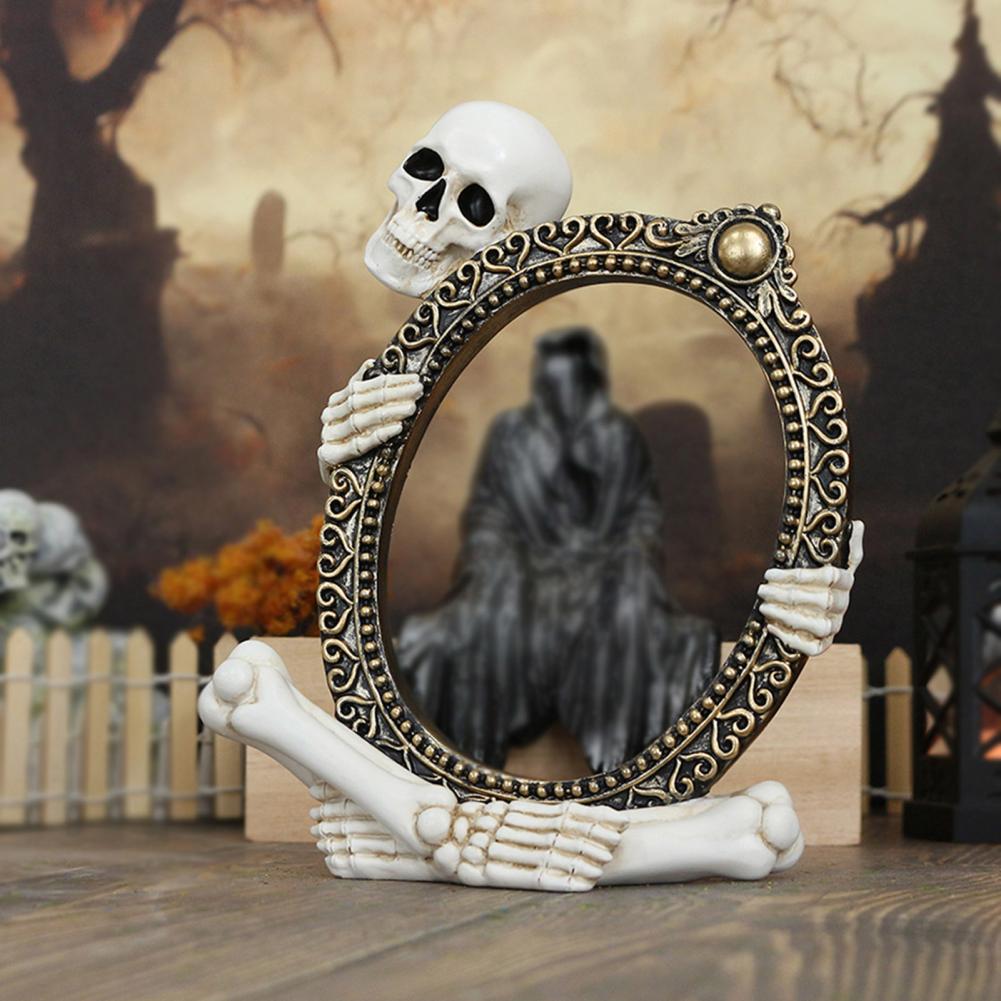 Schädel Dekoration Halloween Skelett Spiegelrahmen Statue Dekorationen für Zuhause Büro Regal Kaminsims Harzschädel für Gruselig