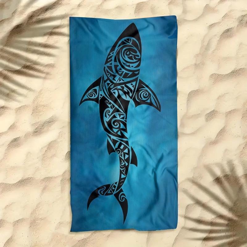 1pz Grande Asciugamano da Spiaggia ad Asciugatura Rapida - Design Squalo Tropicale con Sfondo Blu, Asciugamano in Microfibra Super Assorbente per Piscina