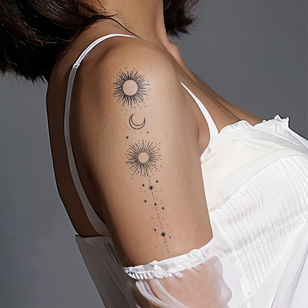 Einfache Persönlichkeit Sonne und Mond Linien-Element Tattoo Aufkleber Wasserdicht und Langlebig Hochwertiger Arm Tattoo Aufkleber