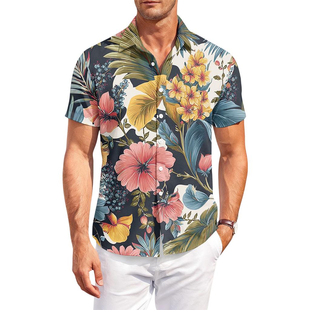 Camicia Casual da Uomo a Maniche Corte, Vestibilità Larga, con Stampa Hawaiana