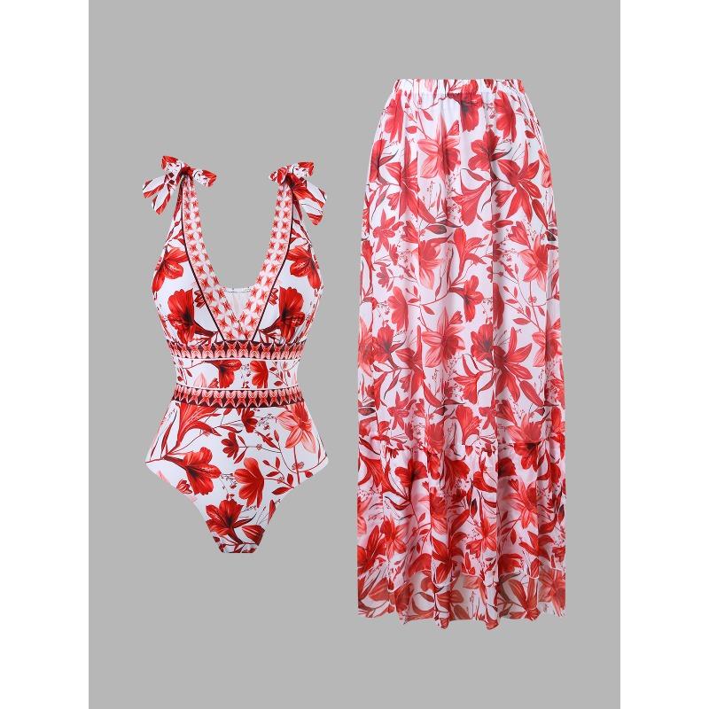 Sexy bikini one-piece swimsuit chiffon skirt round skirt shoulder V-neck swimsuit beach gathering conservative belly cover