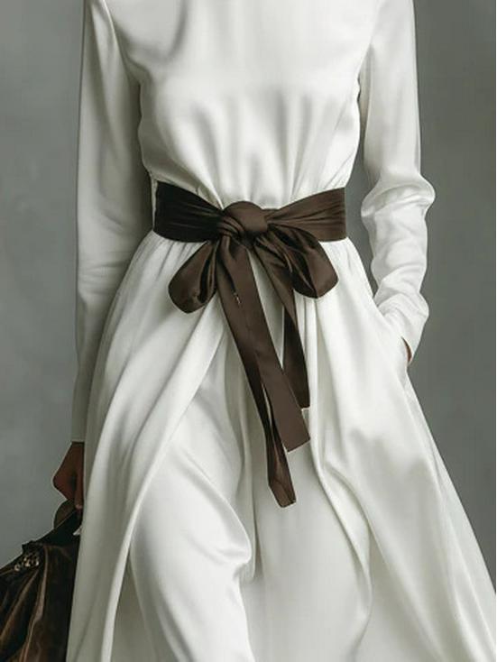 2025 Women's High Neck Long Sleeve Midi Dress with Color Block Belt