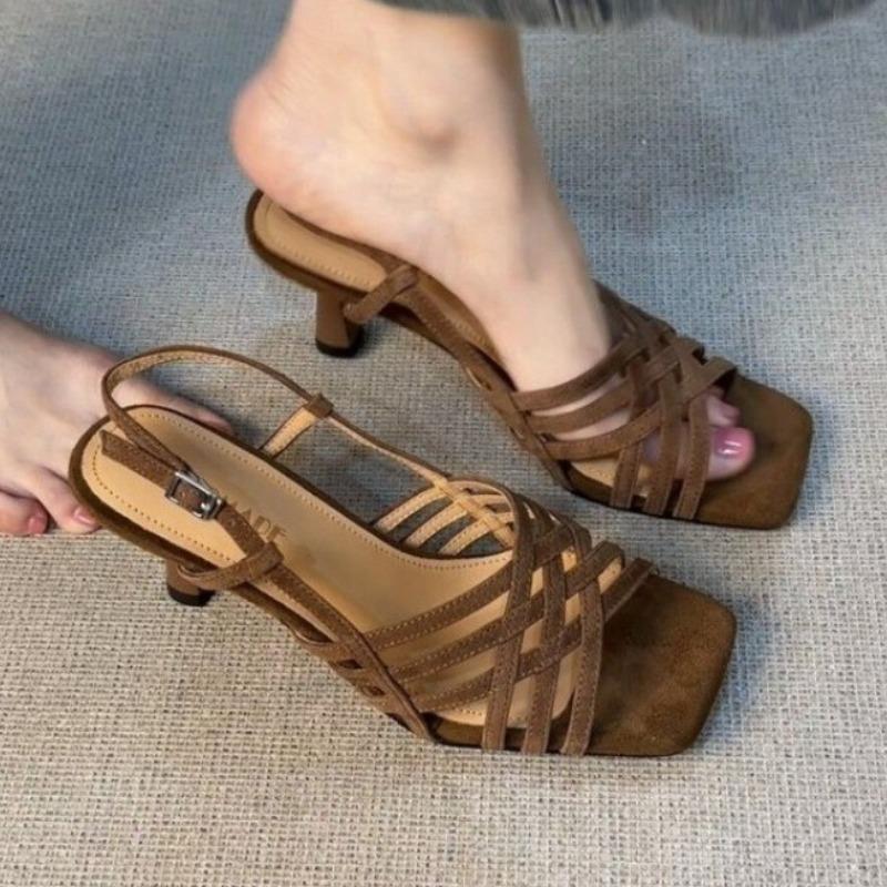 Fashion Mid Heels Women Sandals Designer Retro Suede Heeled Shoes 2025 New Summer Slippers Fashion Elegant Buckle Shoes Dress Sandalias